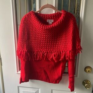 Red sweater with fringe shawl attached L